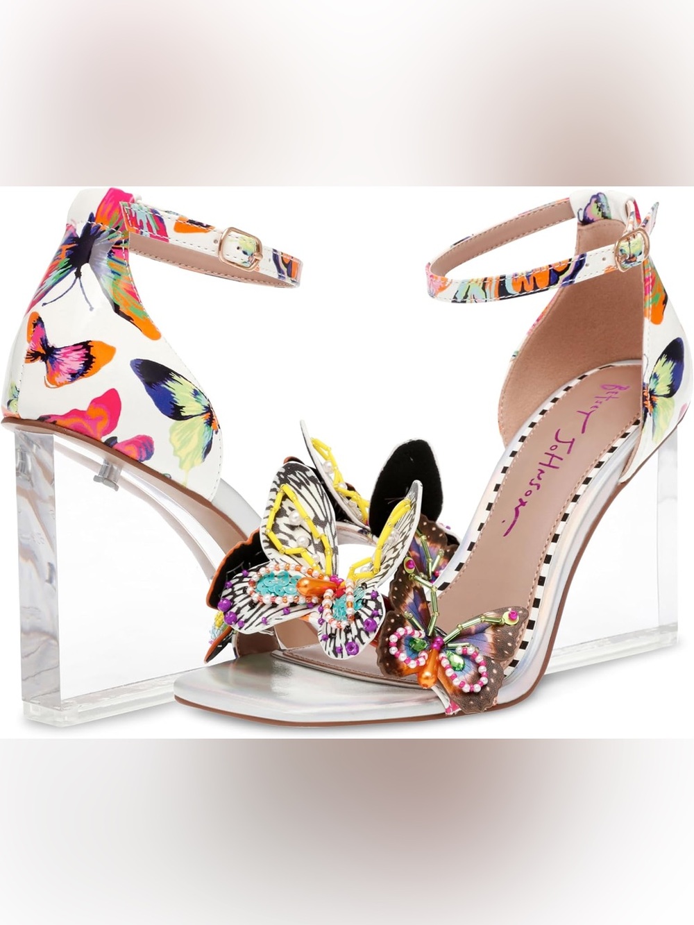 Betsey Johnson White Multicolor Butterfly Embellished Wedge Sandals - Picture 2 of 14